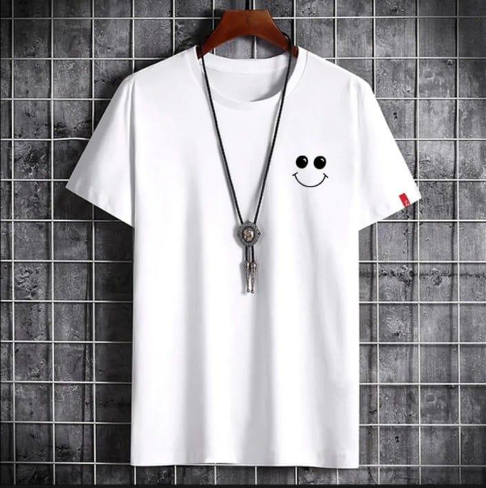 Men White Printed Cotton T-Shirt with Smile Design