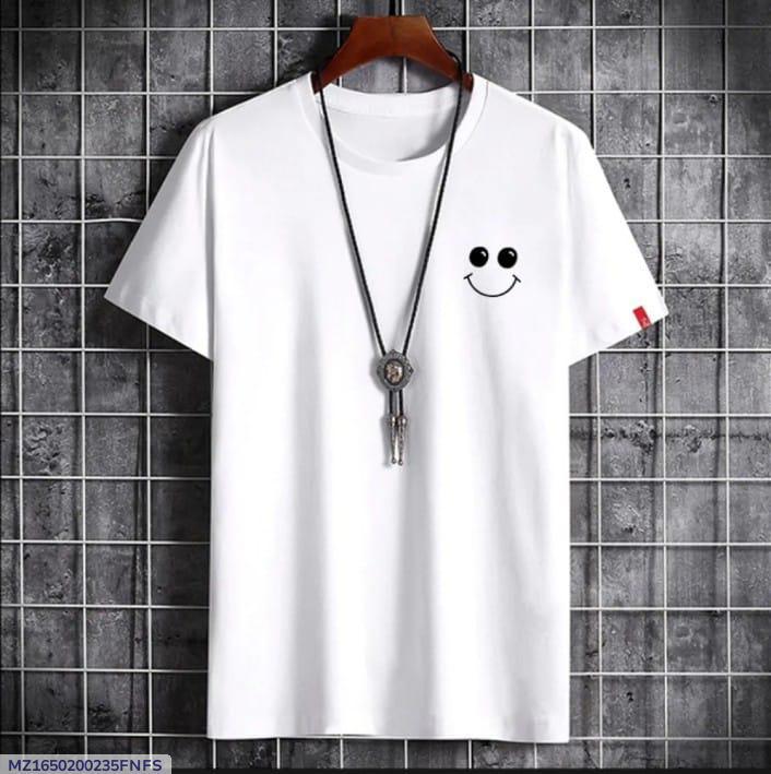 Men White Printed Cotton T-Shirt with Smile Design