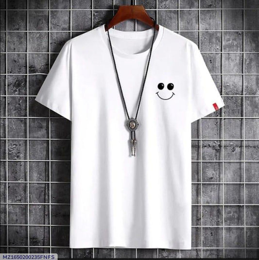 Men White Printed Cotton T-Shirt with Smile Design