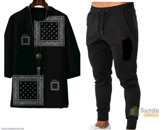 Men Black Printed Track Suit Set Micro Interlock